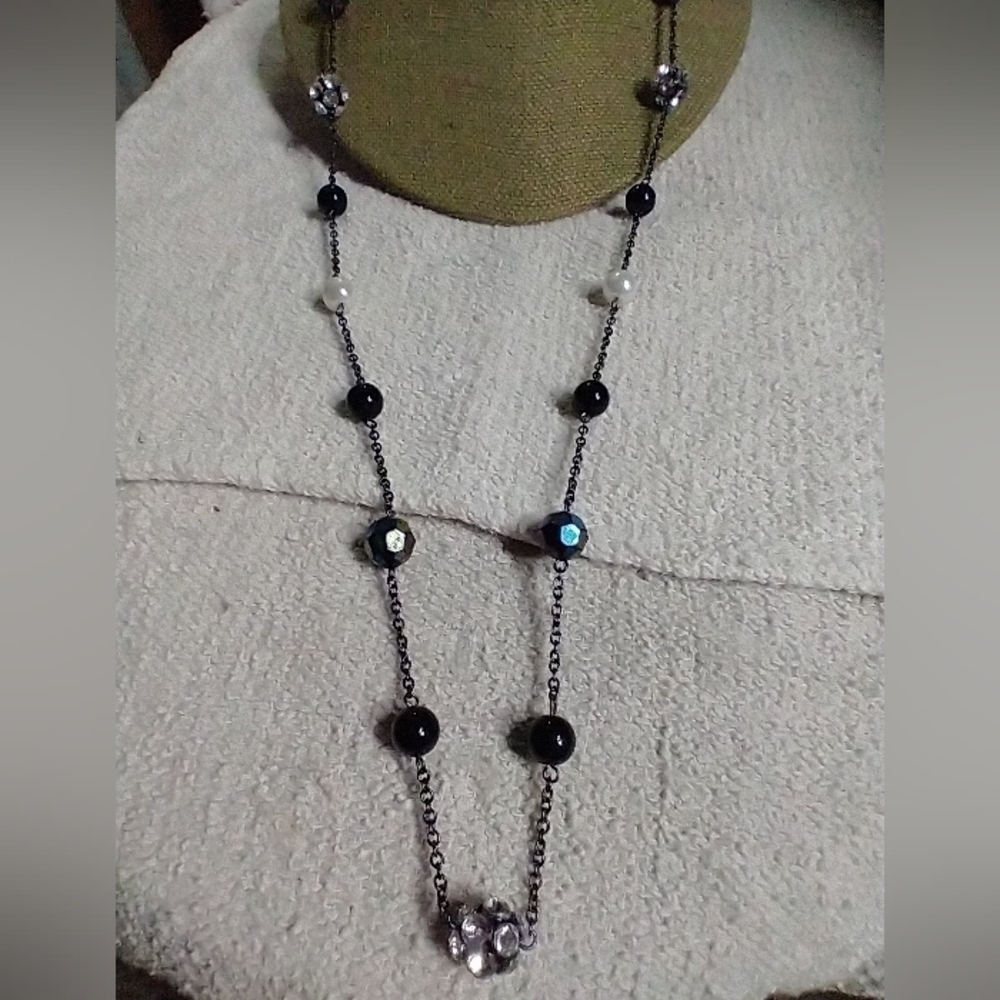 Black chain beads Aurora borealis rhinestone faux pearl necklace